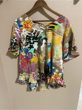 Orientique Multicolor Graffiti Short Sleeve Ruffle-Hem Top